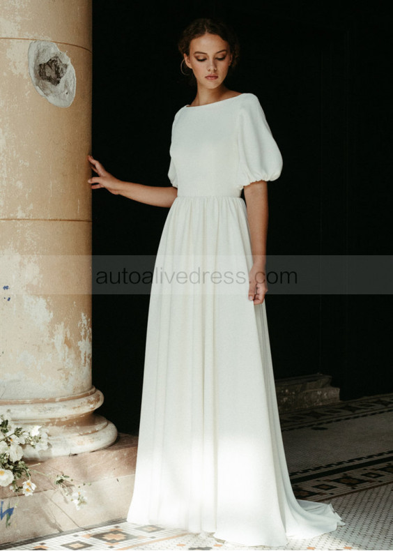 Bateau Neck Ivory Chiffon V Back Minimalist Wedding Dress Bateau Neck Ivory Chiffon V Back Minimalist Wedding Dress